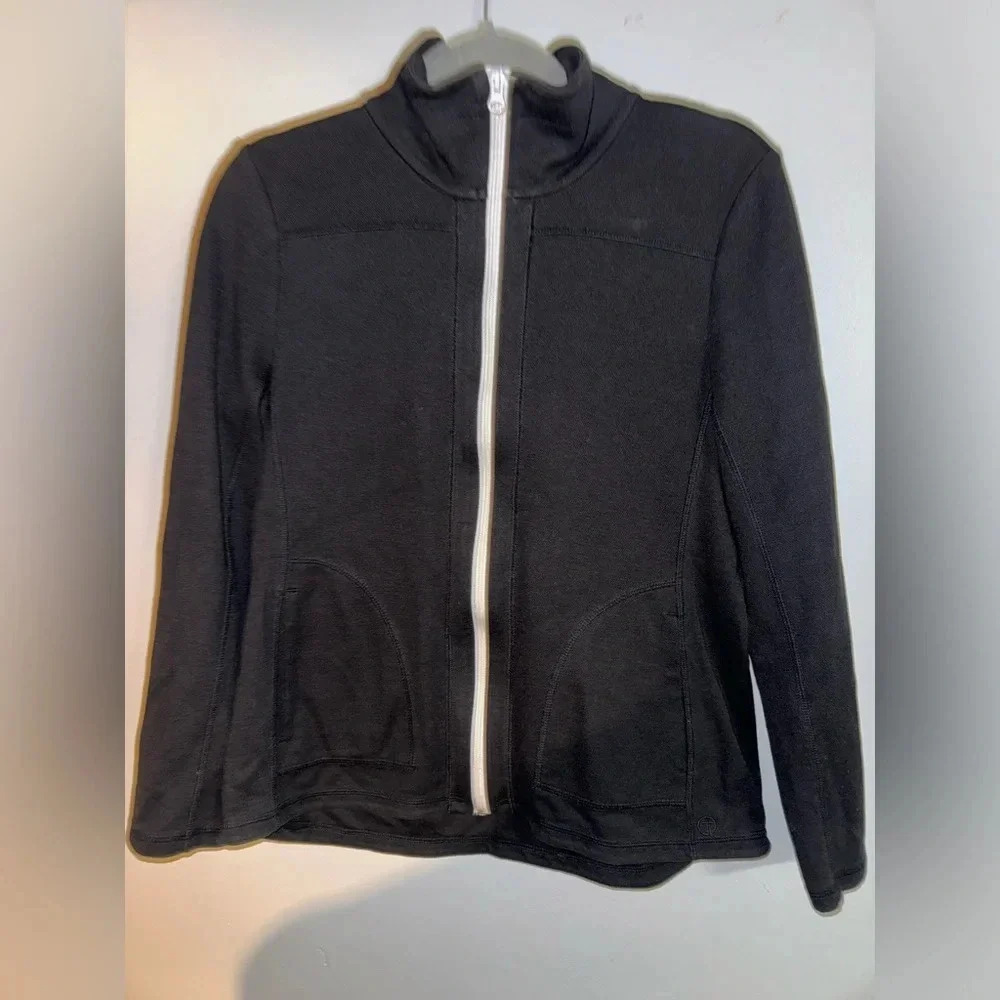 T by Talbots Women's medium Black Zip-Up Jacket White Detail Lightweight Pockets